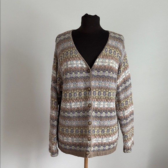 Vintage L.L. Bean Fair Isle Button Cardigan Sweater Women’s large 100% Cotton - Picture 1 of 10